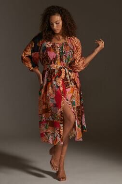 Anthropologie Geisha Designs Patchwork BOHO Collage Romantic Midi Dress, Med